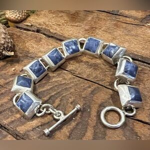 Taxco Mexico Sodalite Panel Bracelet Chain Blue Lapis 7.25” Sterling Vintage
